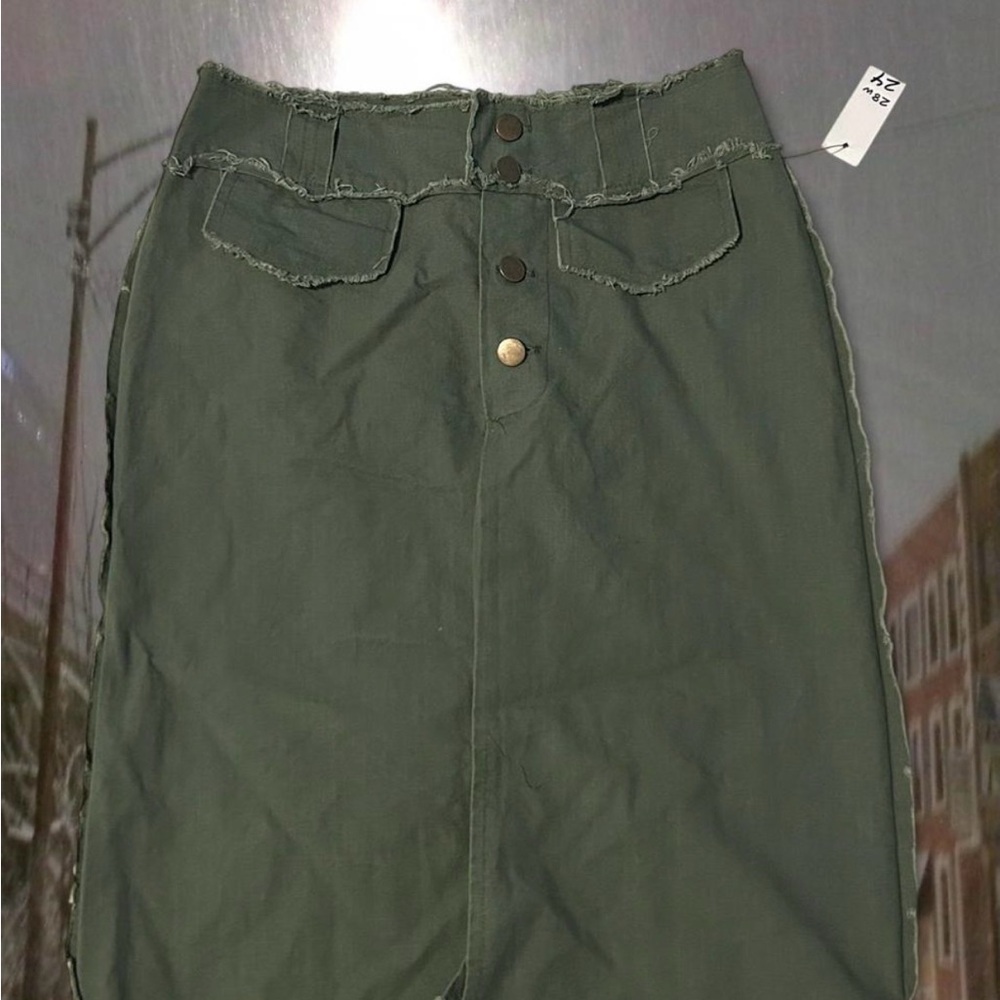 Alternative Olive Pencil Skirt with Button Detail